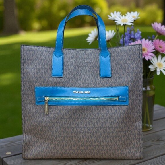 Michael Kors Kenly Brown Blue Lagoon MK Signature Large Tote Shoulder Bag Purse - Picture 3 of 14